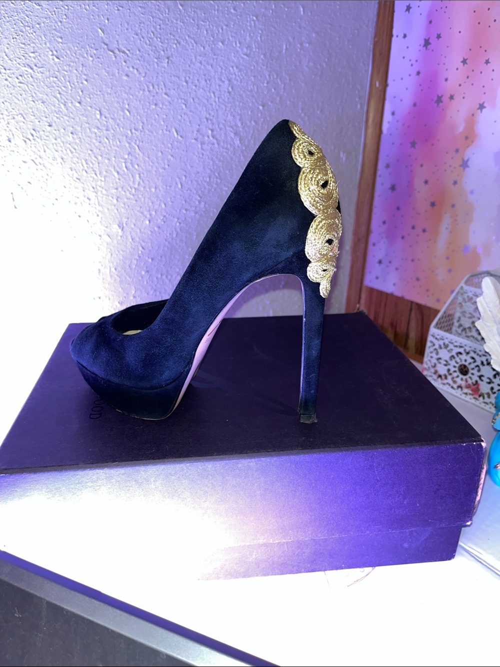 Brian Atwood Black Suede Platform Peep-Toe Heels with Gold Embellishment